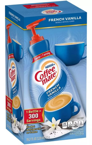 COFFEE MATE FRENCH VAINILLA 1.5 L; caja azul con botes rojos de cafe