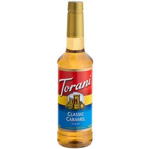 TORANI CARAMELO 750 ML; botella de sirope amarilla con rojo y azul
