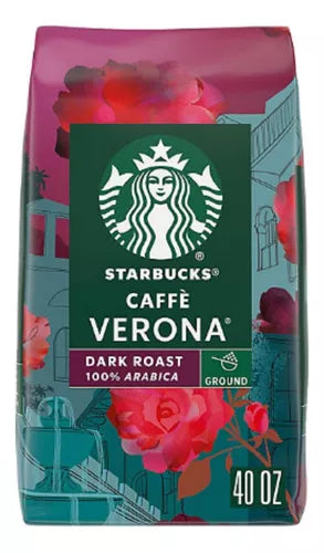 CAFE VERONA STARBUCKS TOSTADO Y MOLIDO 1.13 KGS; bolsa de café con detalles rosas y verdes
