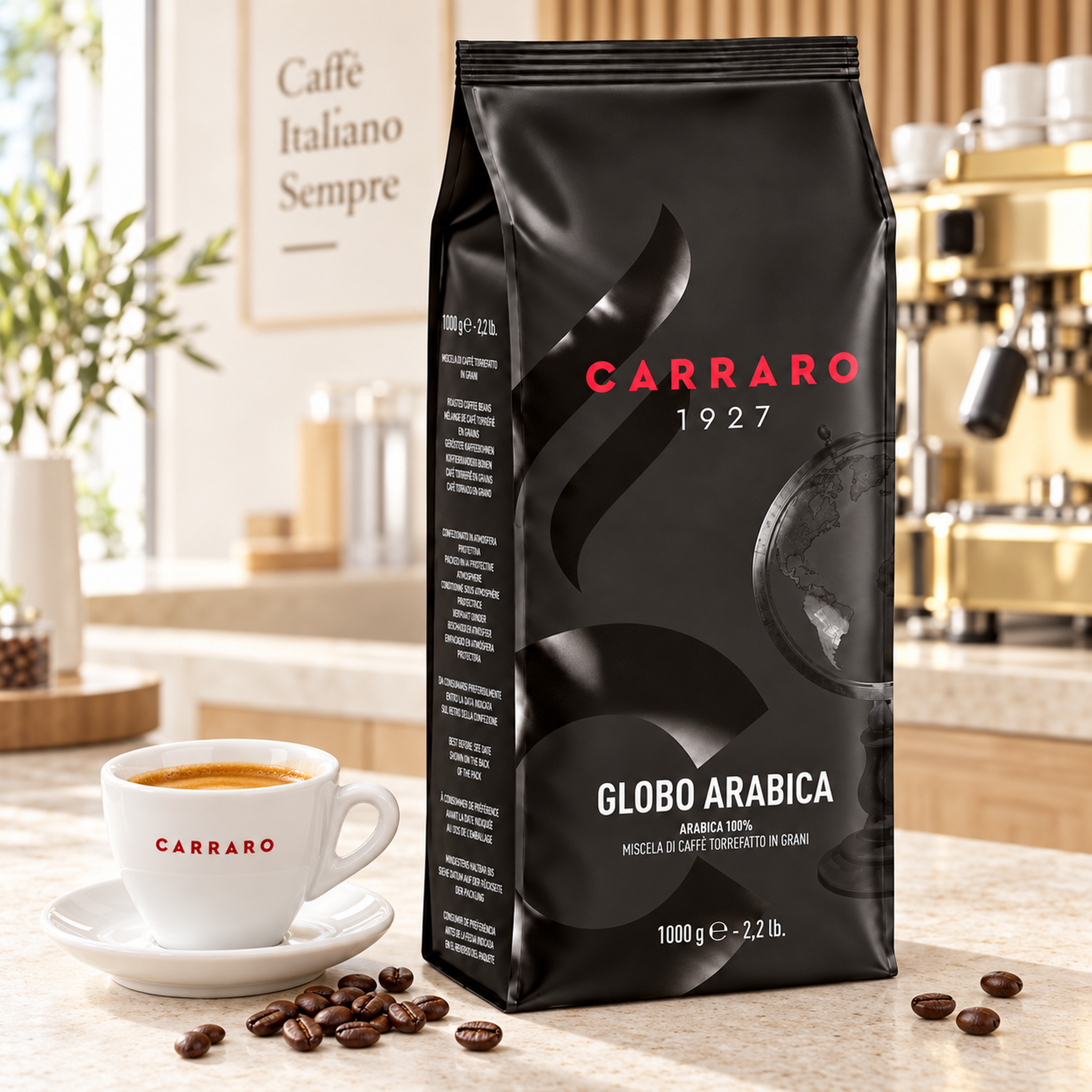 Carraro Globo Arabica 1 kg café italiano en grano con taza de espresso