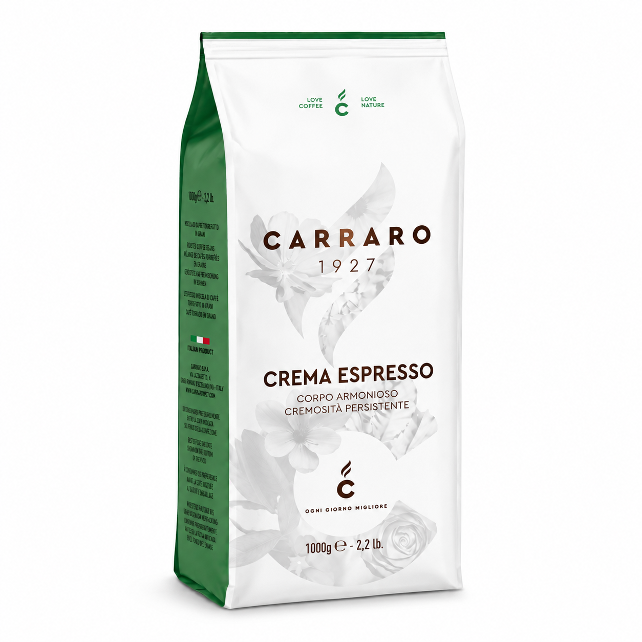 Café Carraro Crema Espresso en grano 1 kg – café italiano mezcla Arábica y Robusta