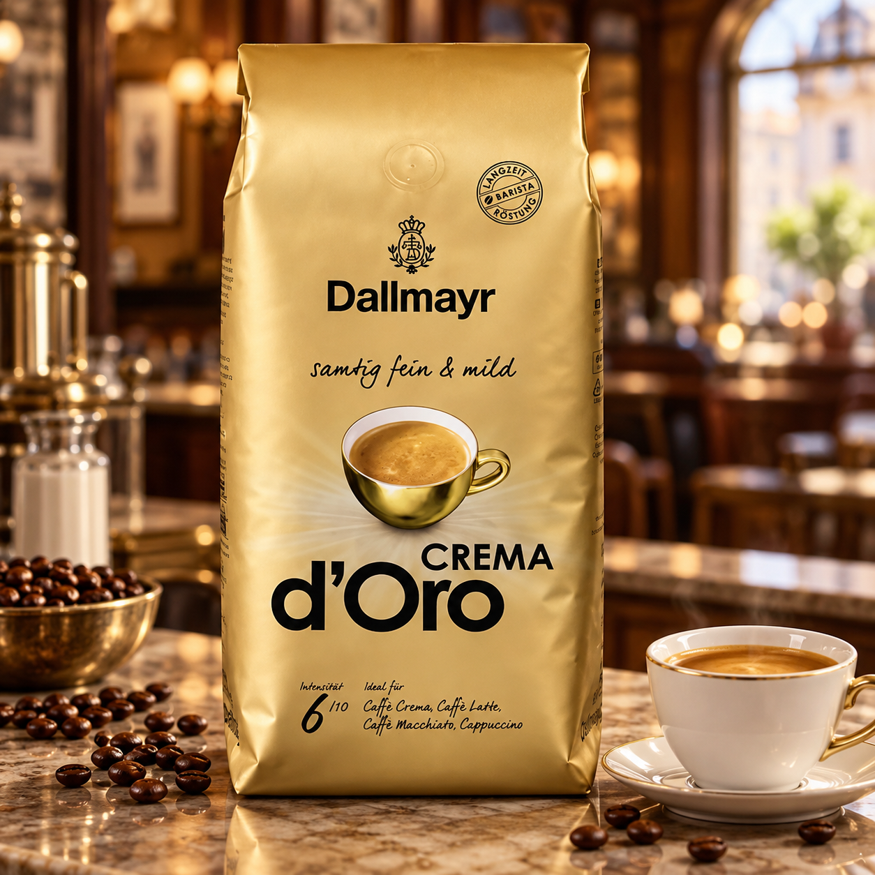 Dallmayr Crema d’Oro en grano de 1 kg en una cafetería