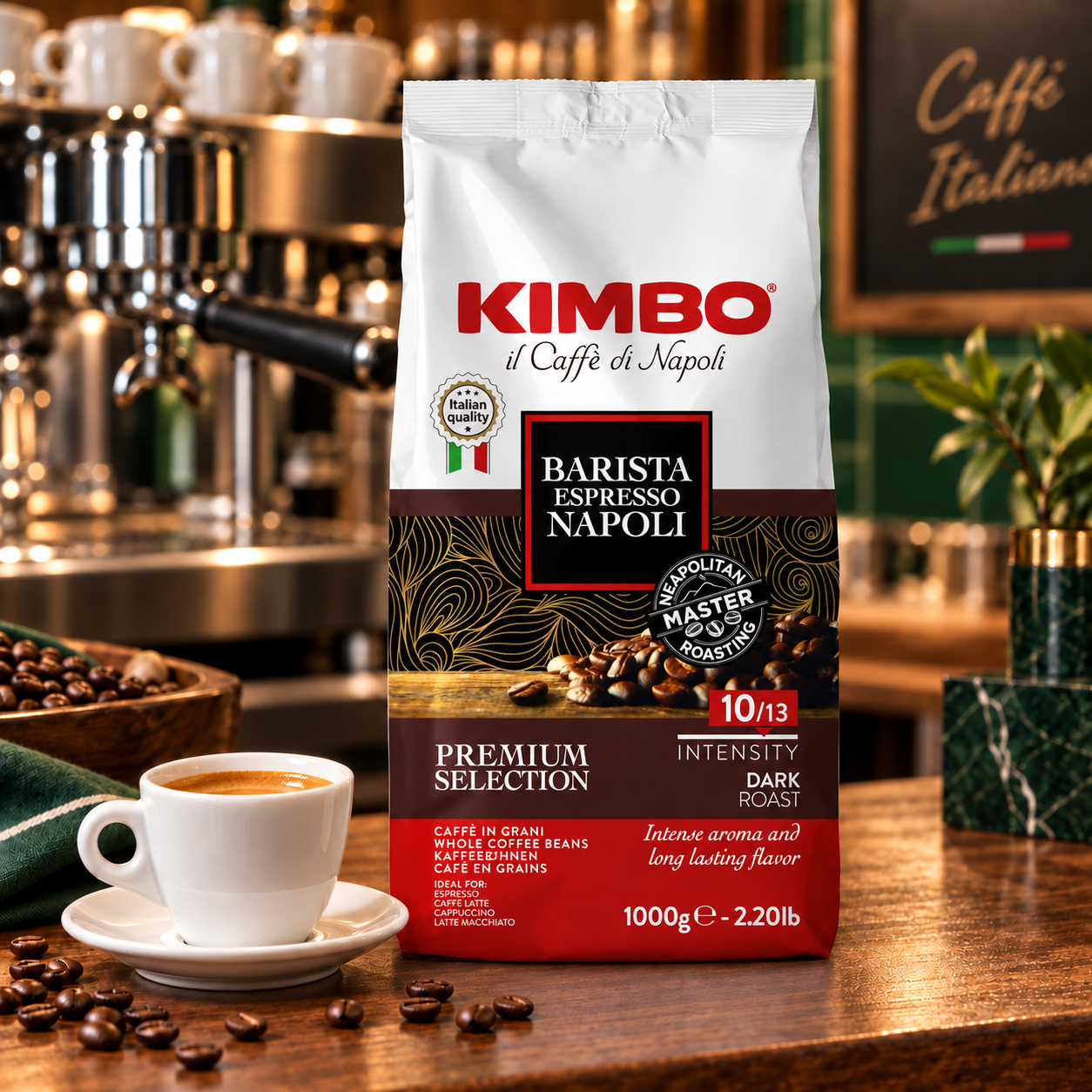 Kimbo Barista Espresso Napoli café en grano 1 kg en escena de cafetería italiana