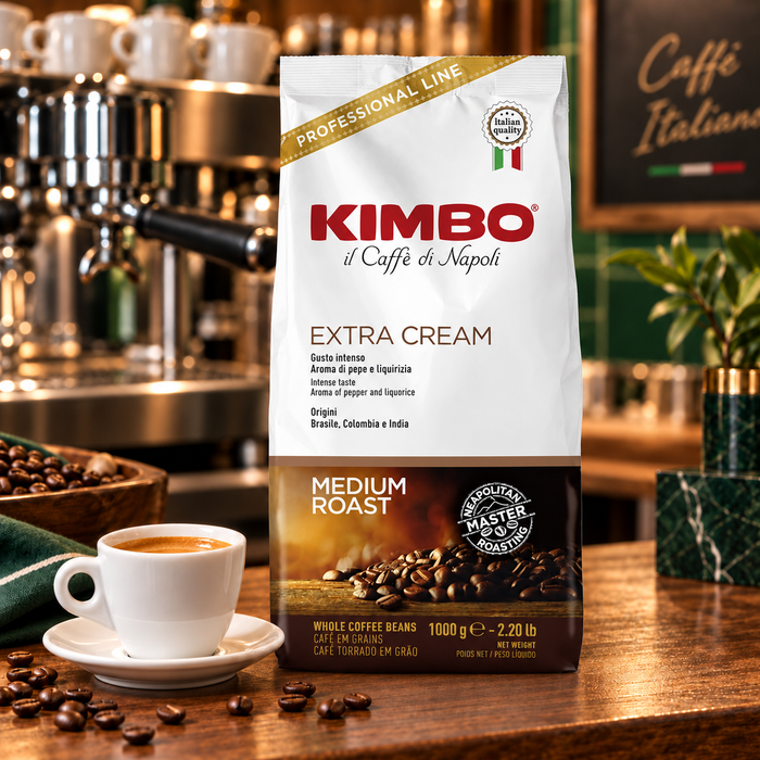 Kimbo Extra Cream café en grano 1 kg en escena de cafetería italiana