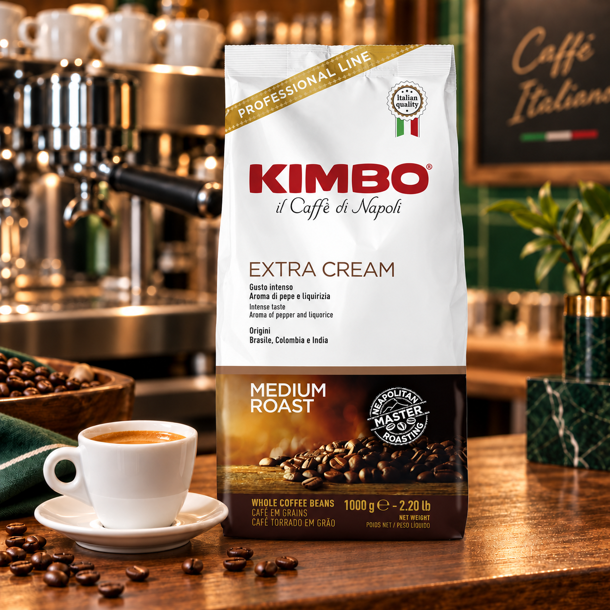 Kimbo Extra Cream café en grano 1 kg en escena de cafetería italiana