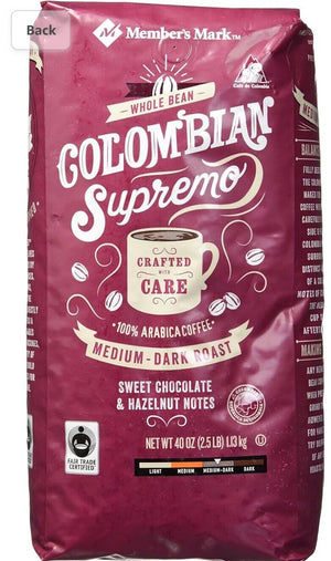 CAFE COLOMBIANO EN GRANO 1.13 KG; bolsa rosa de café