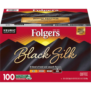 KEURIG FOLGERS BLACK SILK; caja roja de cafe con montañas negras