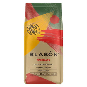 BLASON GOURMET 1 KG; bolsa café con detalles verdes, amarillos y rojos